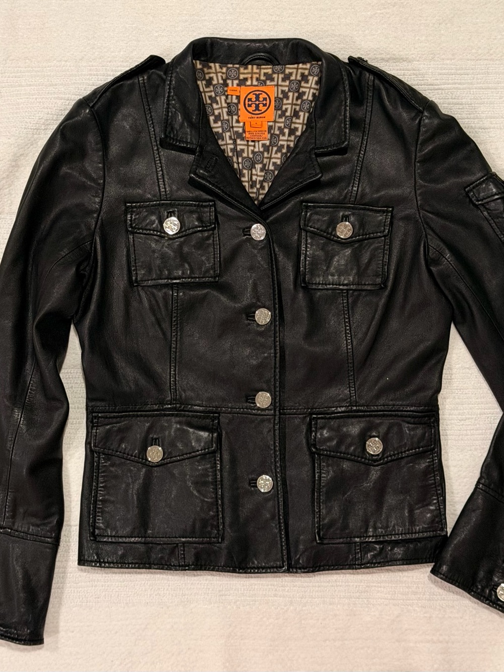 Tory Burch Black Genuine Leather Utility Moto Jacket Silver Logo Buttons Size 8